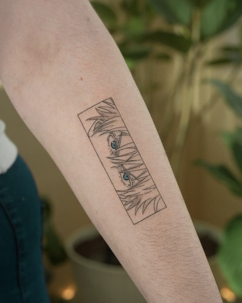 Anime eyes peeking through hair fine line tattoo with blue detail